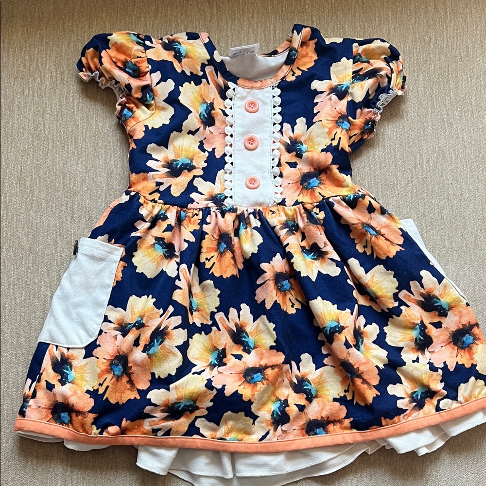 Charming Floral Kids Dress in Navy and Orange